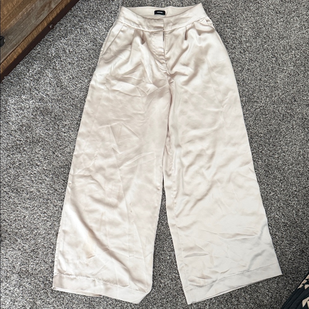 Express Wide Leg Satin Pants in Cream